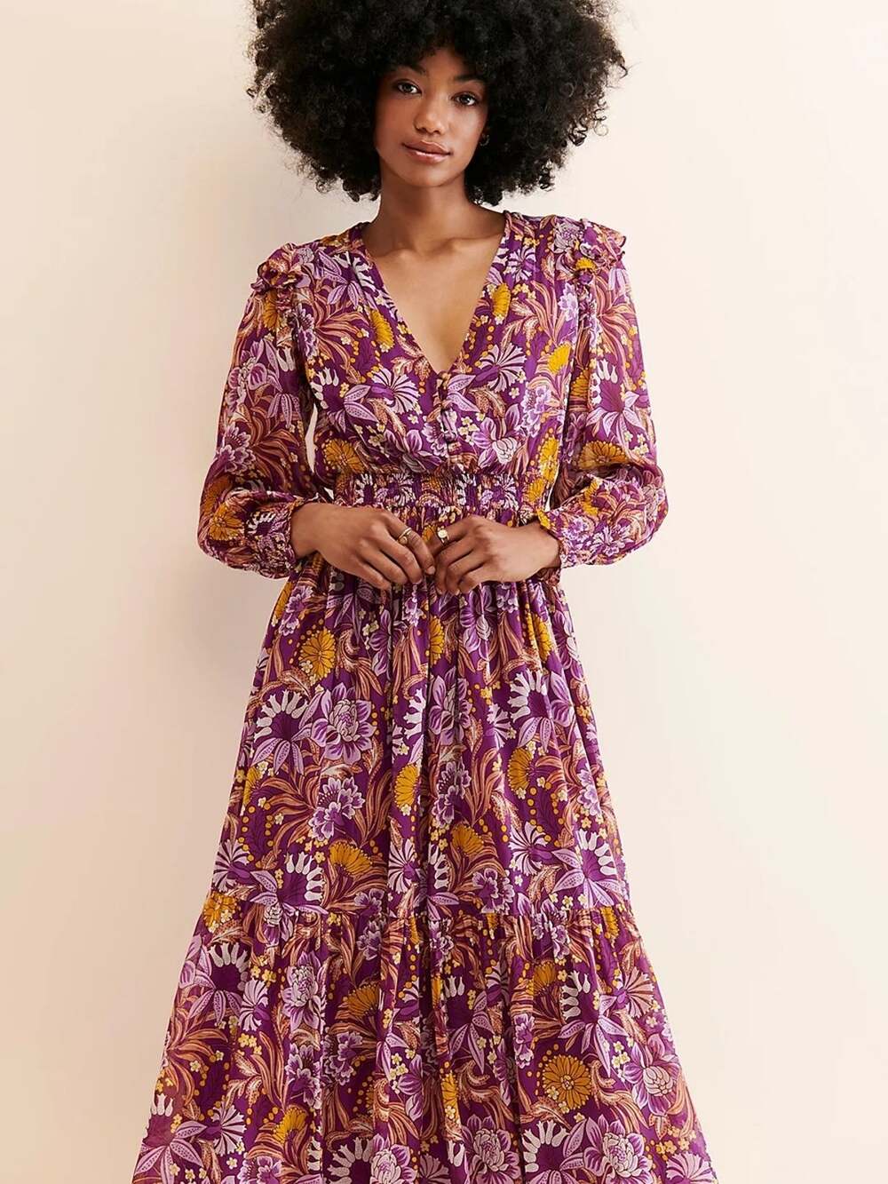 Banjanan Violet & Mustard Floral V-Neck Maxi Dress large